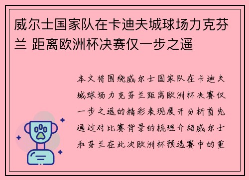 威尔士国家队在卡迪夫城球场力克芬兰 距离欧洲杯决赛仅一步之遥